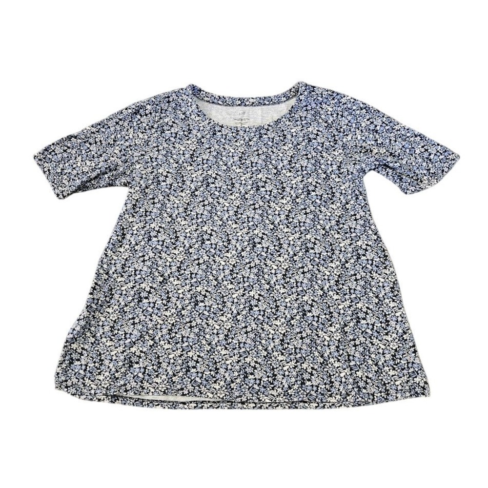 J. Jill Pima Slub Scoop Neck Side Slit Tee Blue Floral Cotton Top Size Medium